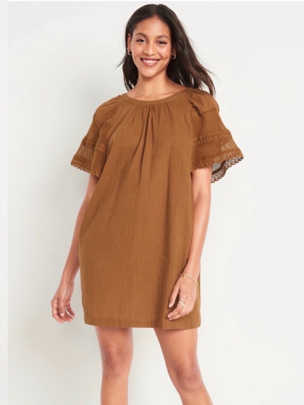 🆕 OLD NAVY Flutter-Sleeve Boho Cotton Mini Swing Dress Size MP